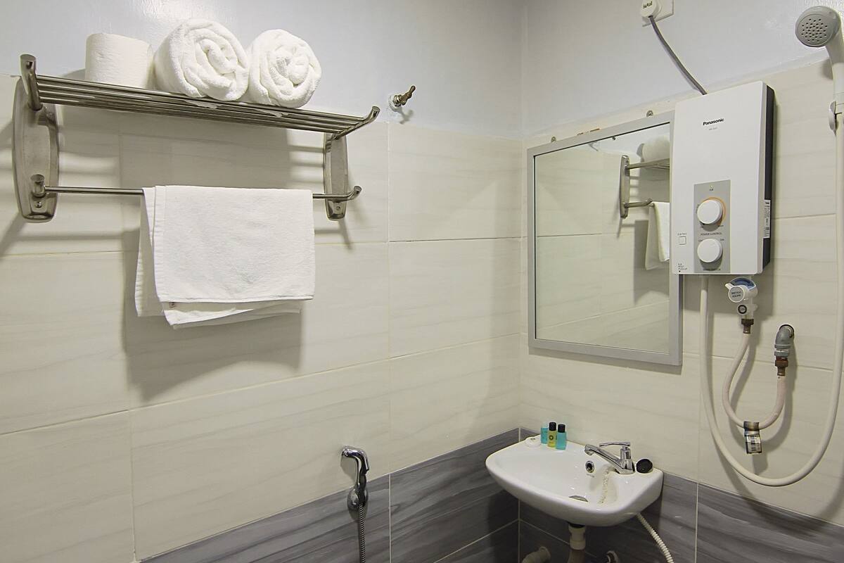 Shower, free toiletries, bidet, towels