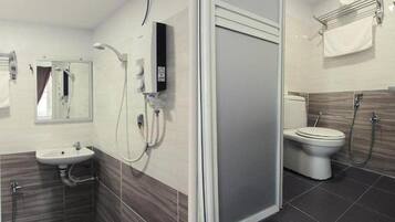 Shower, free toiletries, bidet, towels