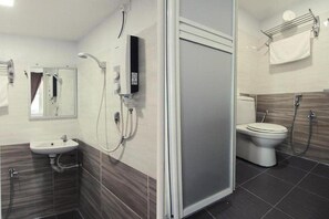 Shower, free toiletries, bidet, towels