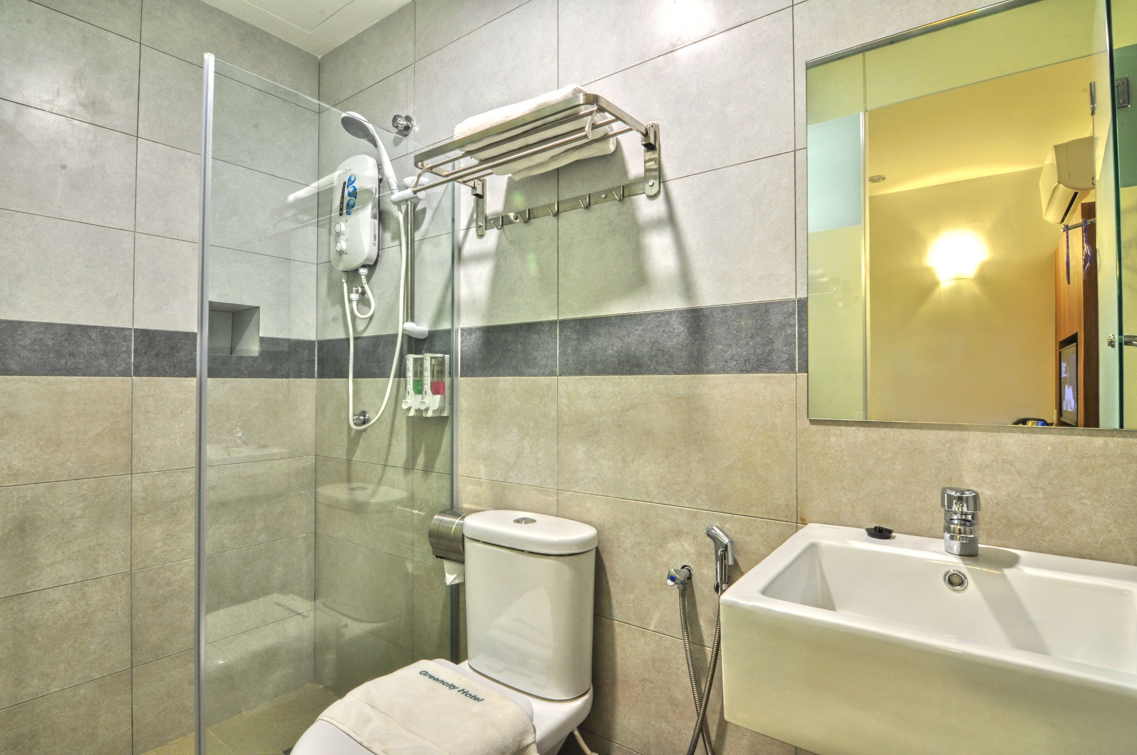 Un baño moderno con ducha envuelta en vidrio, inodoro blanco y lavamanos con espejo.