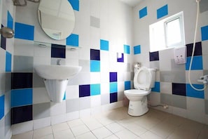 Shower, free toiletries, hair dryer, slippers