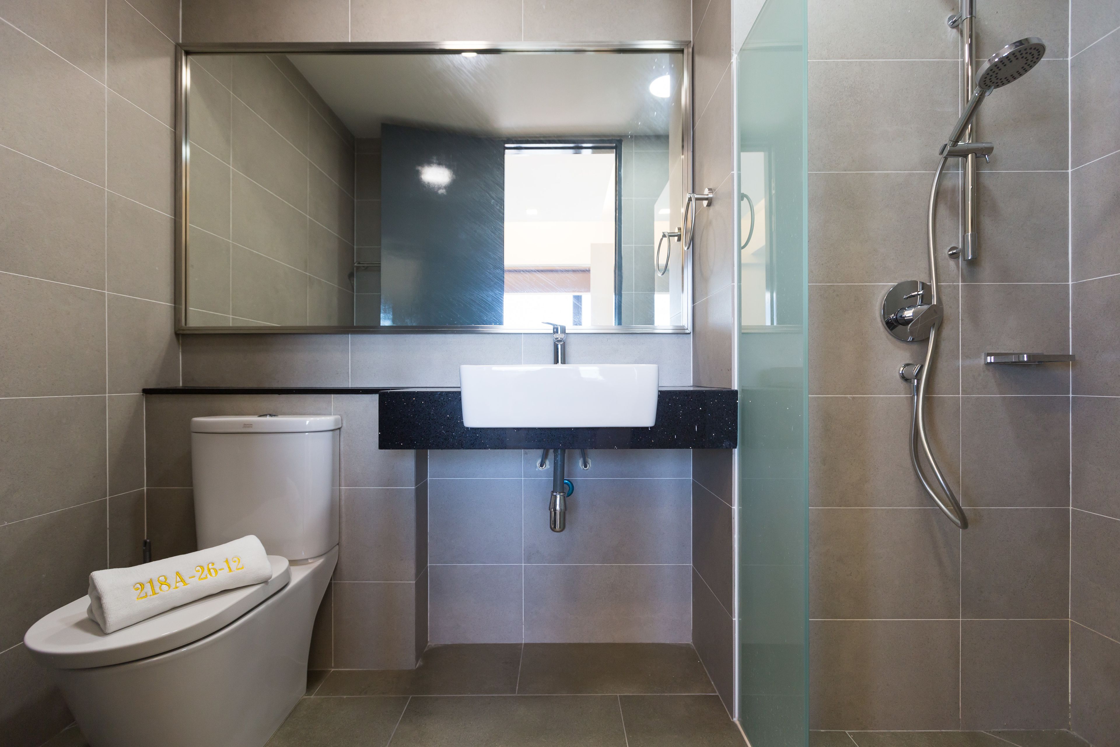 A modern bathroom with a white toilet, a sink, and a shower.