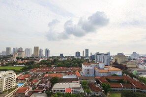 A cityscape with a mix of high-rise buildings and low-rise structures, a variety of architectural styles, and a large body of water in the distance. - Tropicana 218 Macalister (George Town)