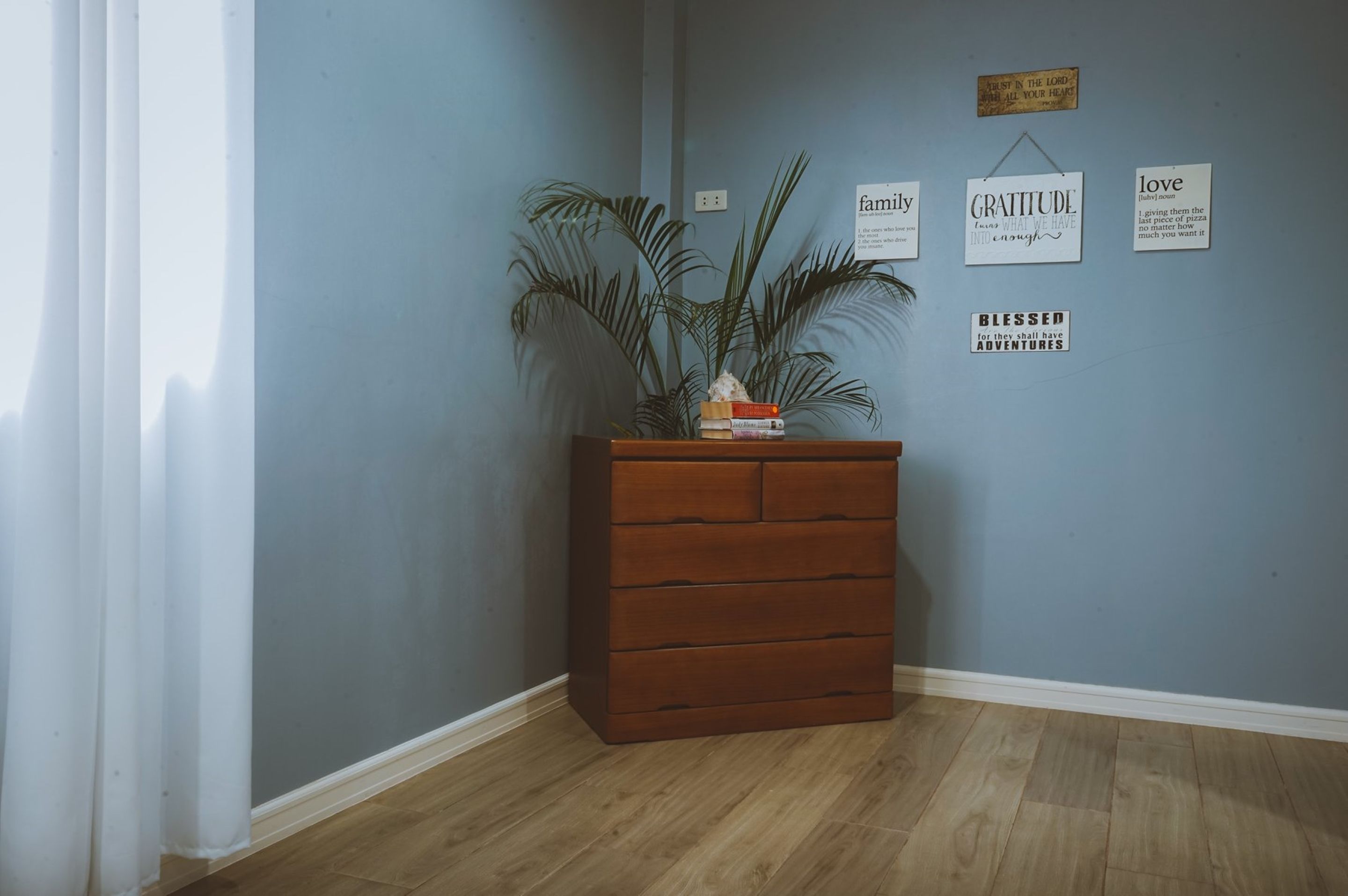 Habitación de esquina con cómoda de madera, planta en maceta y decoración de pared inspiradora.