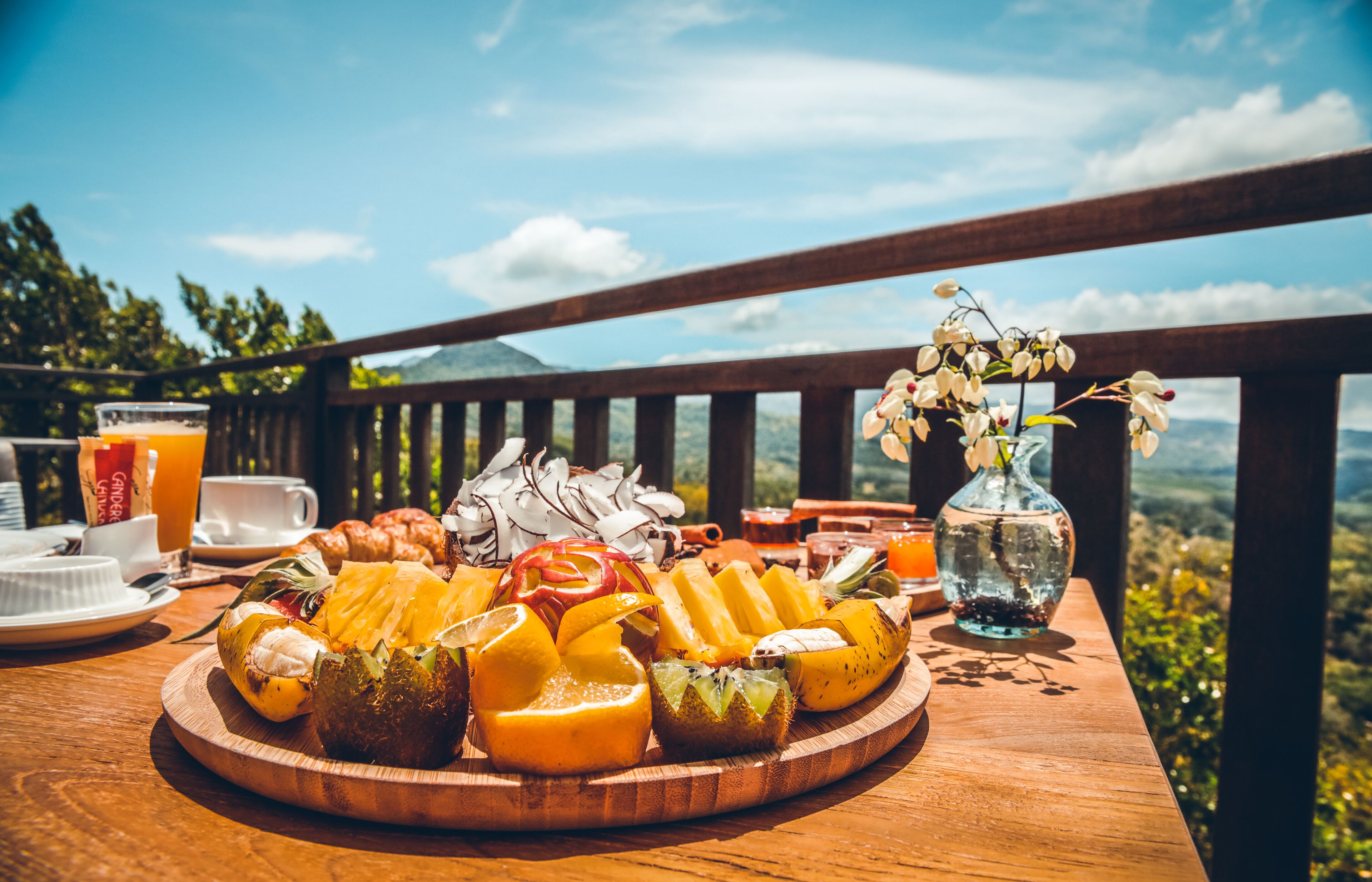 A wooden table with a fruit platter, a glass of orange juice, and a vase with flowers on a balcony overlooking a mountainous landscape.