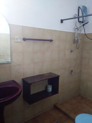 Bathroom features a sink, toilet, showerhead, and storage.