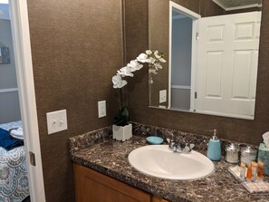 Tina con regadera, secadora de cabello, toallas, jabón 