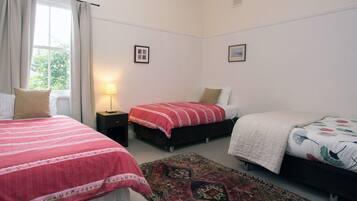 A bedroom with two beds, a nightstand, a lamp, and a patterned rug.