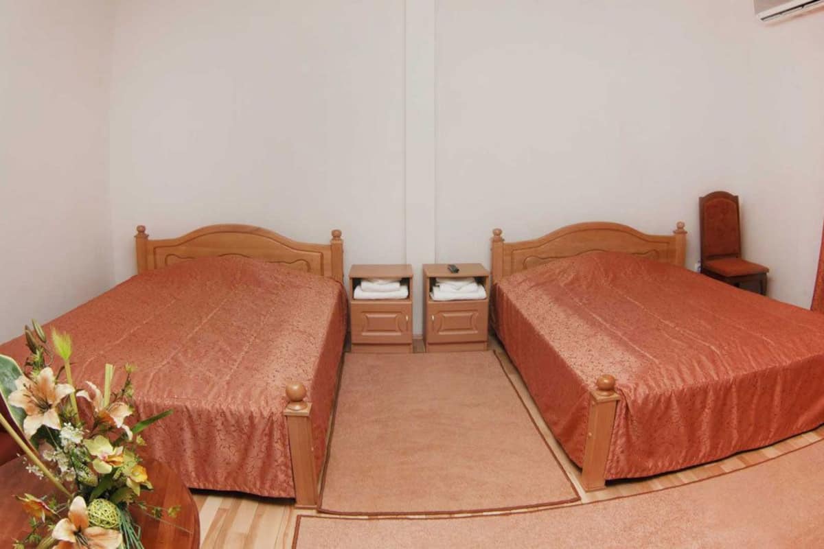 Una habitación con dos camas de madera, una mesita con un florero y una silla.
