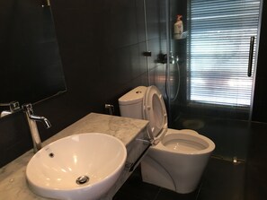 Dusche, kostenlose Toilettenartikel, Haartrockner, Handtücher