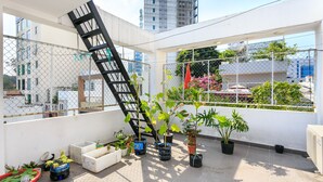 Une terrasse sur le toit agrémentée de plantes en pot, d’une échelle en métal et offrant une vue sur les bâtiments environnants.