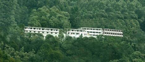 A large, multi-story building with a flat roof, surrounded by dense forest.