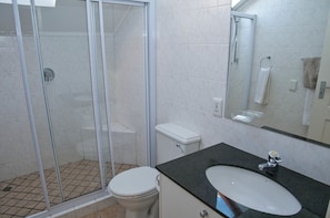 Une salle de bain avec une douche à parois de verre, des toilettes blanches et un lavabo avec un miroir au-dessus.