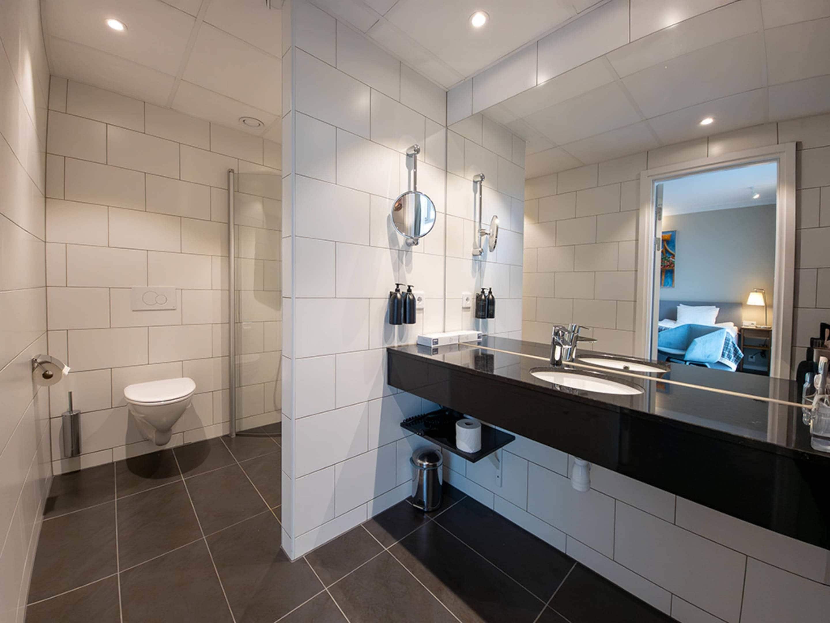 A modern bathroom with a large mirror, two sinks, a toilet, and a shower.