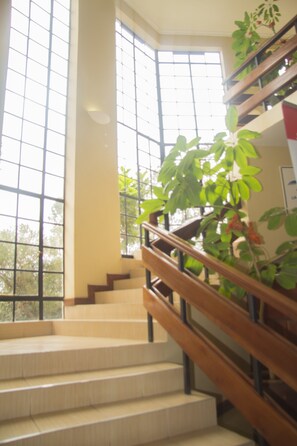 A staircase with wooden railings and beige steps, leading to a landing with a large window and a potted plant. - LIA Hotel & Training Centre (Nairobi)