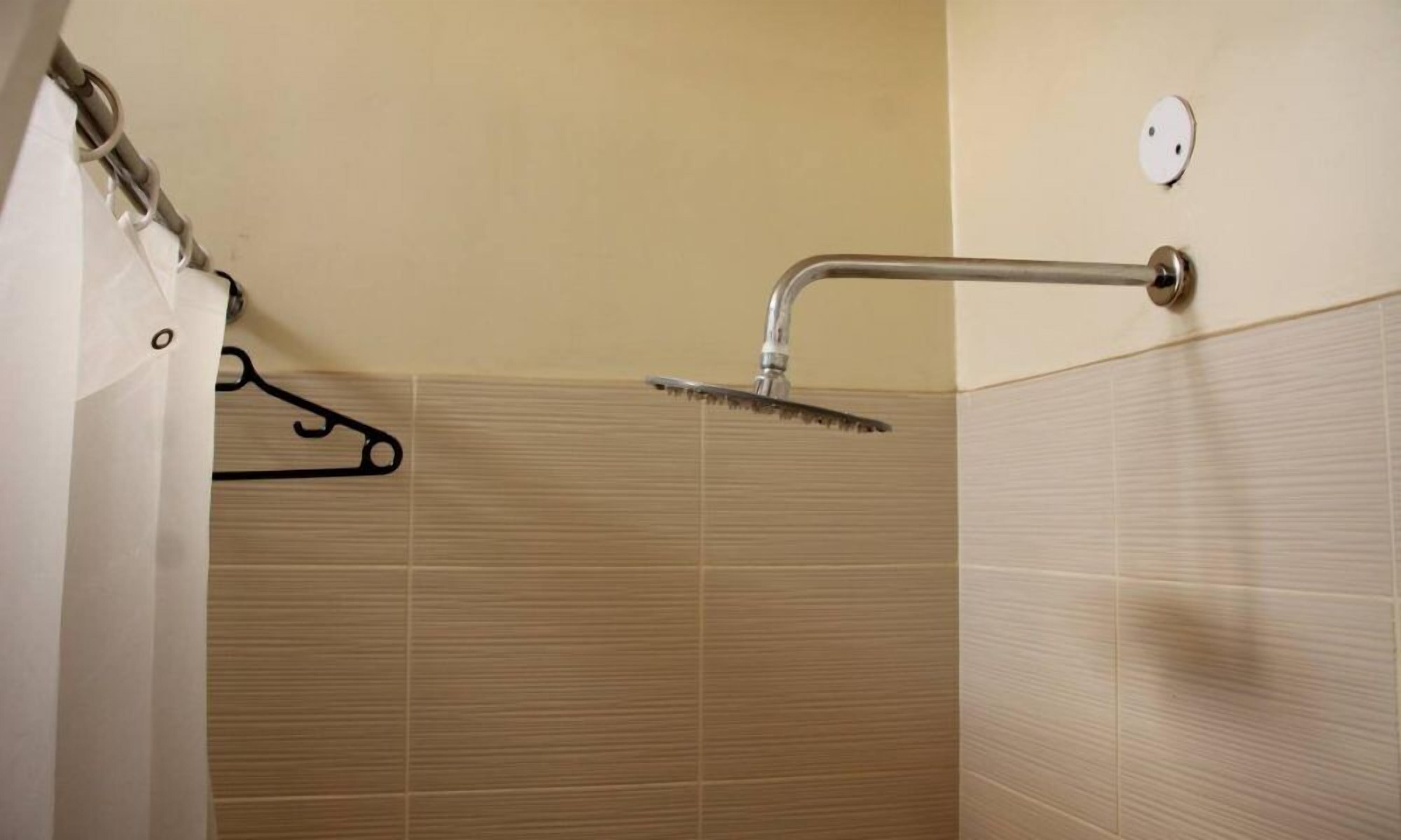 A shower area with a handheld showerhead, a towel rack, and a wall-mounted light fixture.