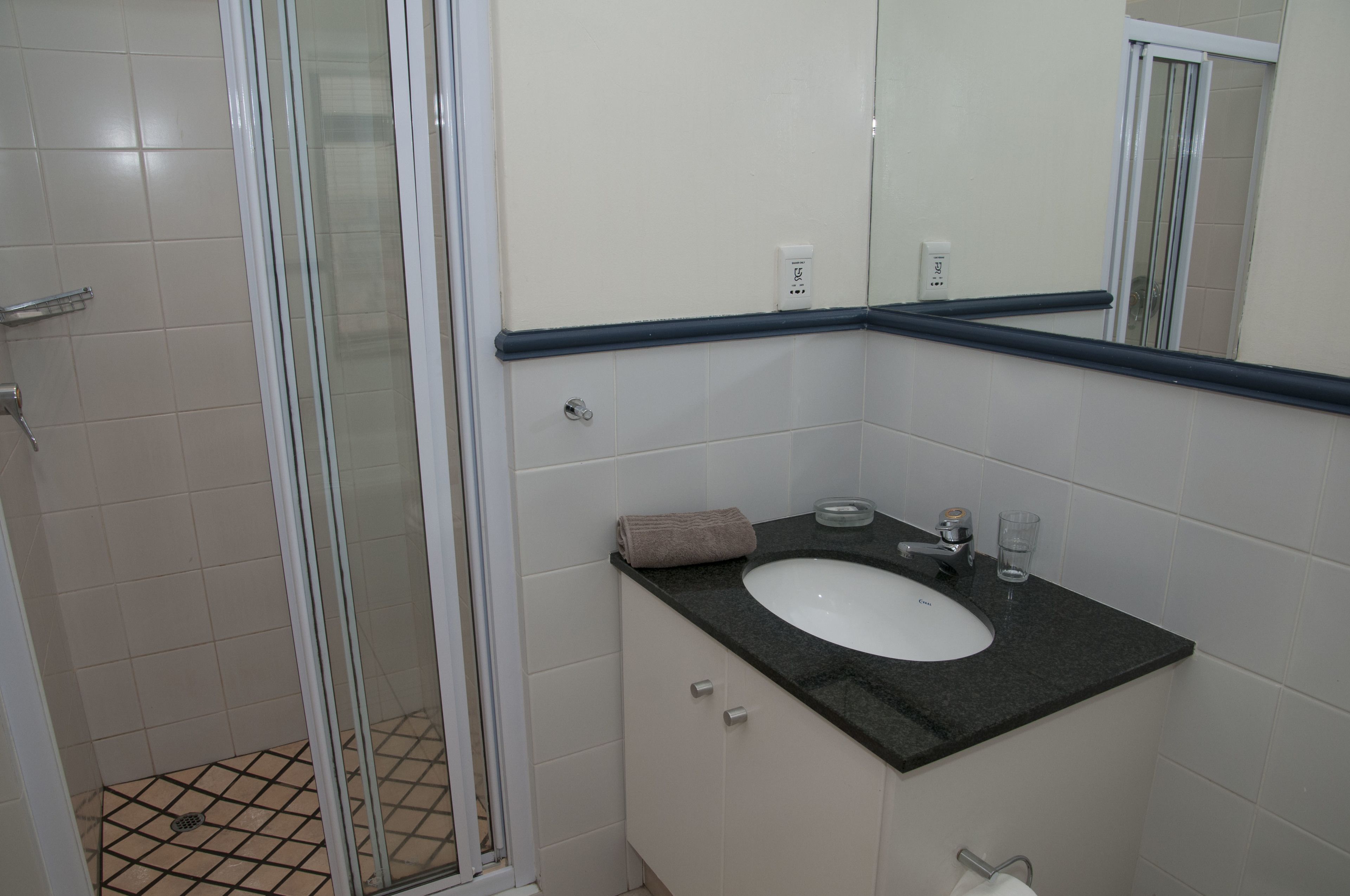 A bathroom with a glass shower enclosure, a white sink with a black countertop, and a mirror above the sink.