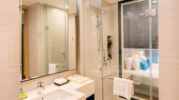 Shower, free toiletries, hair dryer, slippers