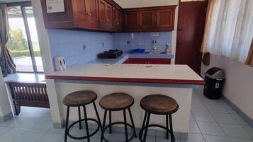 Full-size fridge, microwave, stovetop, dishwasher