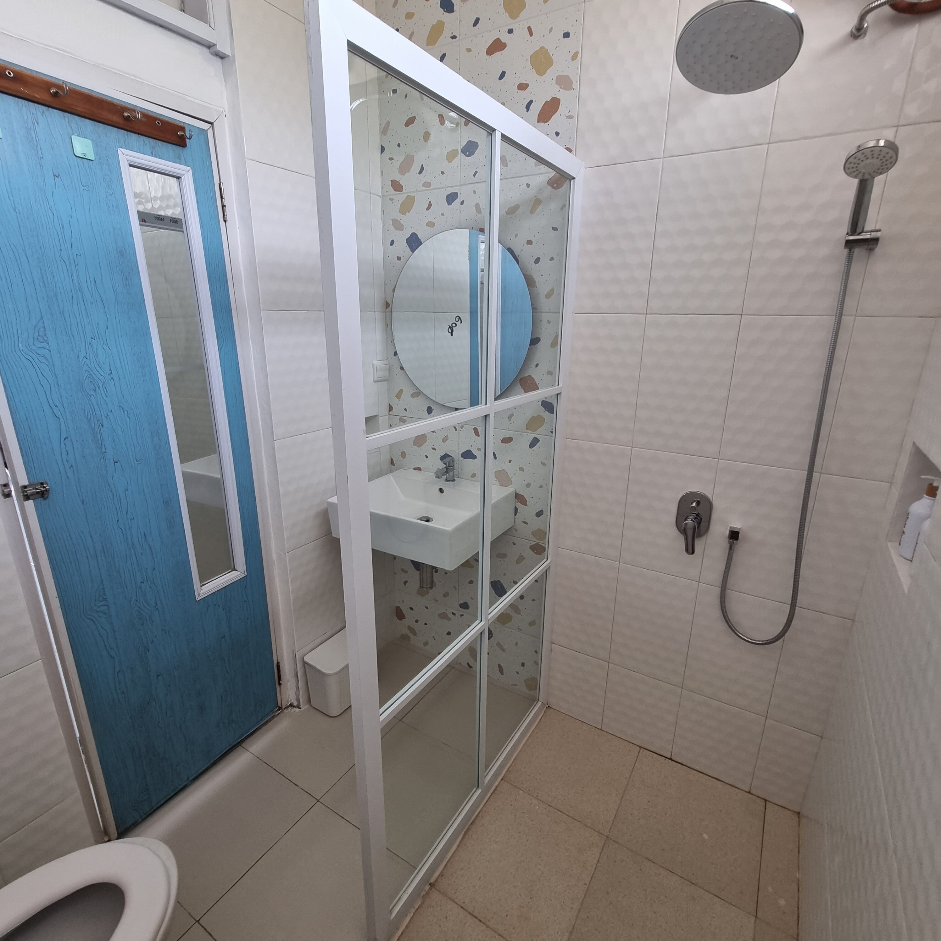 A bathroom with a blue door, a glass-enclosed shower area, a white sink, and a toilet.