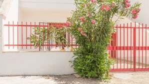Un edificio con una reja roja y una ventana que da a un jardín lleno de flores rosas.
