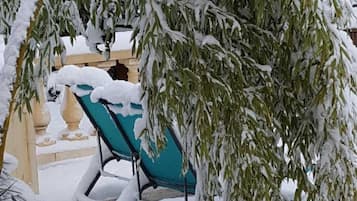 Seasonal outdoor pool, pool umbrellas, pool loungers