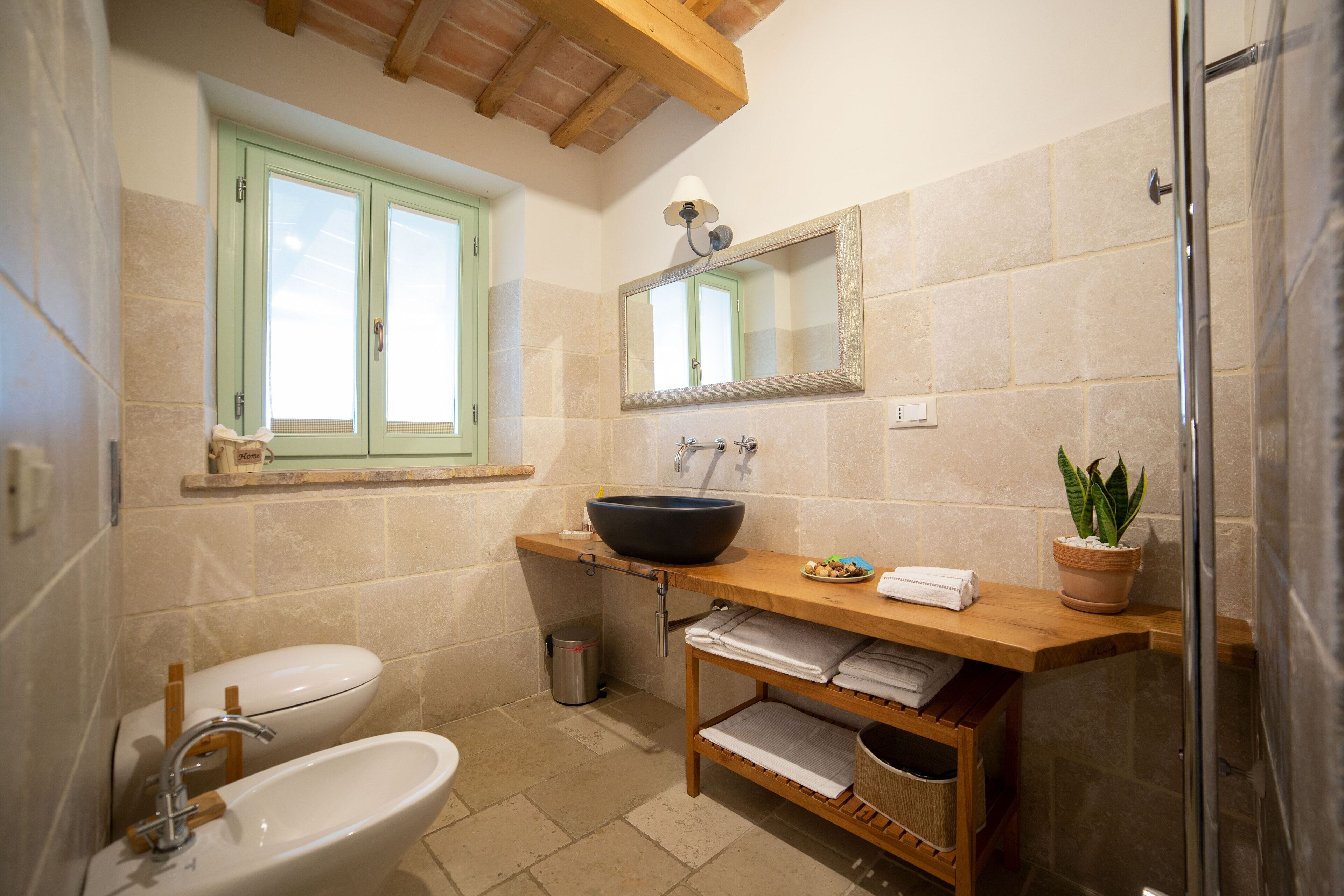 A bathroom with a white sink, a large mirror, a wooden vanity, a potted plant, and a window with green shutters.