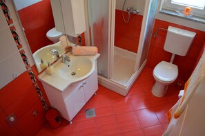 A bathroom with a white sink, mirror, and two toilets, one with a shower enclosure. - Holiday House 4M (Podbablje)