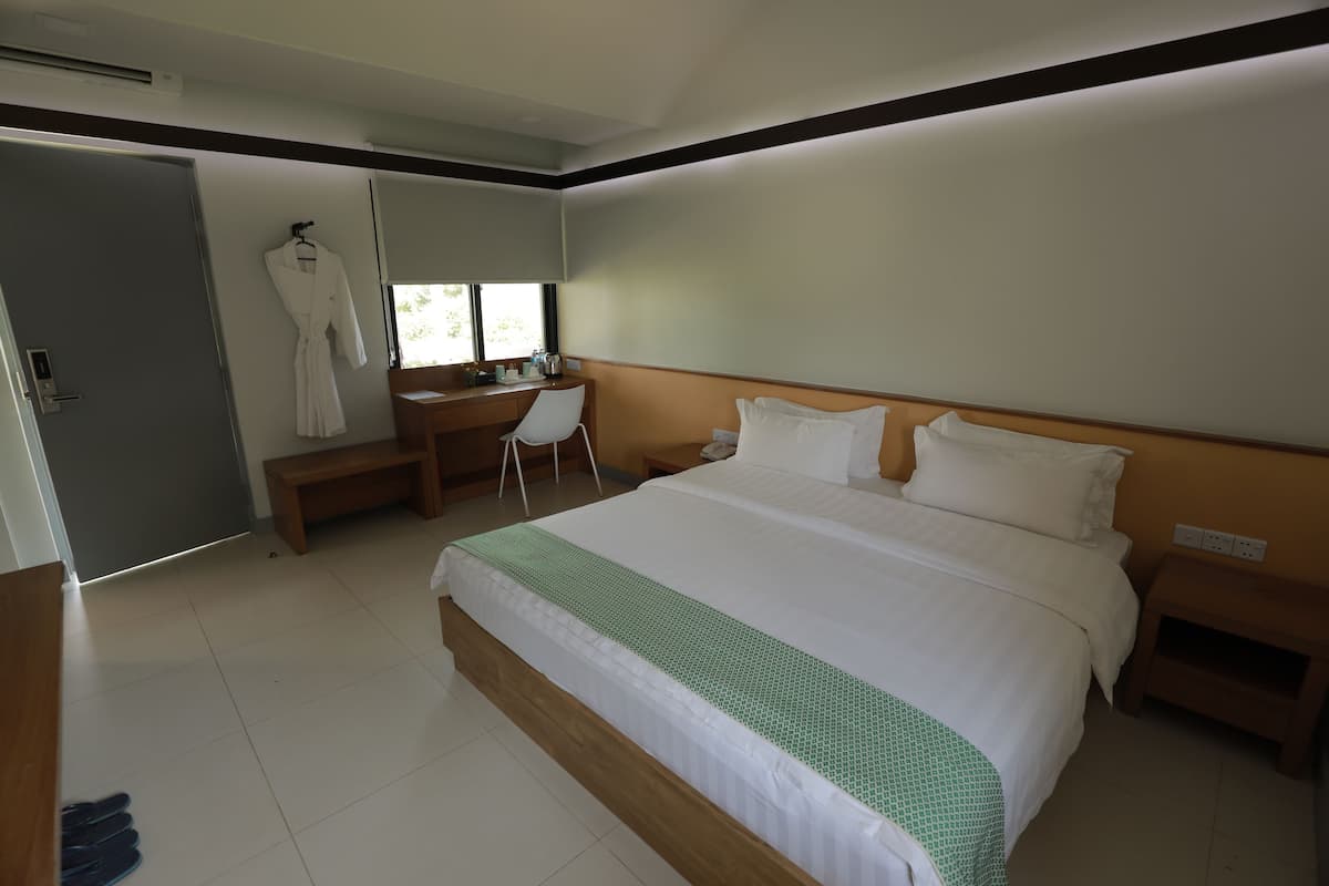A hotel room with a large bed, a desk, a chair, and a robe hanging on the wall.