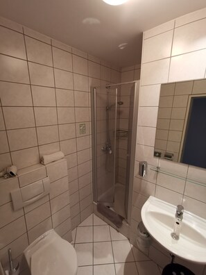 A modern bathroom with a glass-enclosed shower, a white sink, and a toilet. - Hotel Restaurant Franziska (Straubing)