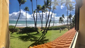 A view of a beach with palm trees and ocean waves from a window with a tiled roof. - Spectacular  Ocean Front 1 Bedroom Villa in Golf community, Pal mas Del Mar  (Palmas Del Mar)
