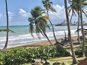 Ein Strand mit Palmen, Wellen im Meer und einem Gebäude in der Ferne.