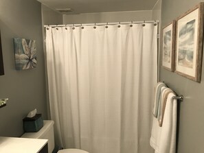 Suihkun ja ammeen yhdistelmä, hiustenkuivaaja, pyyhkeet, saippua