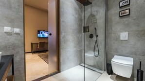 A modern bathroom with a glass-enclosed shower, a white toilet, and a television in the background. - Dezman Luxury Center (Zagreb)