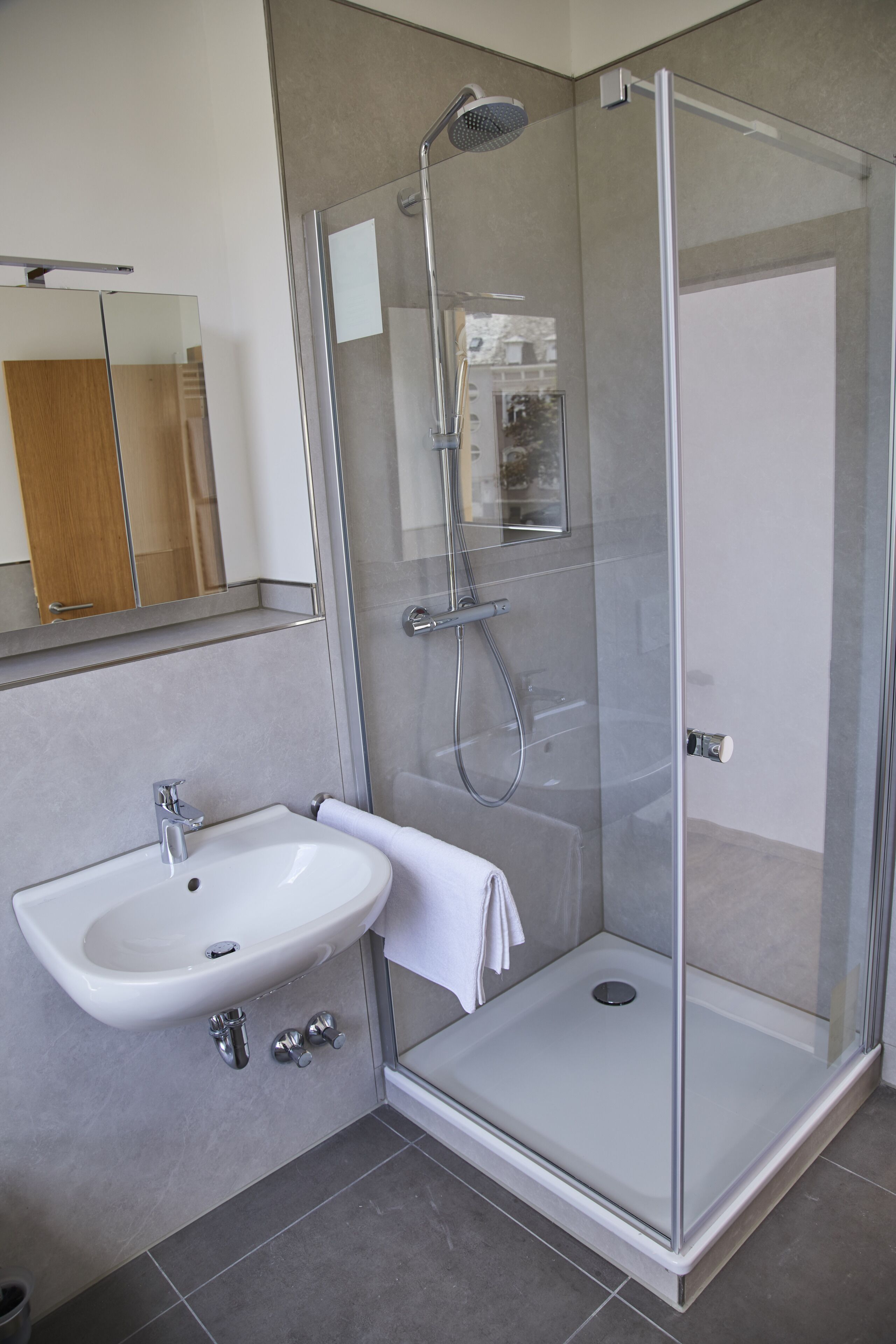 Un baño moderno con ducha envuelta en vidrio, un lavamanos blanco y un espejo sobre él.
