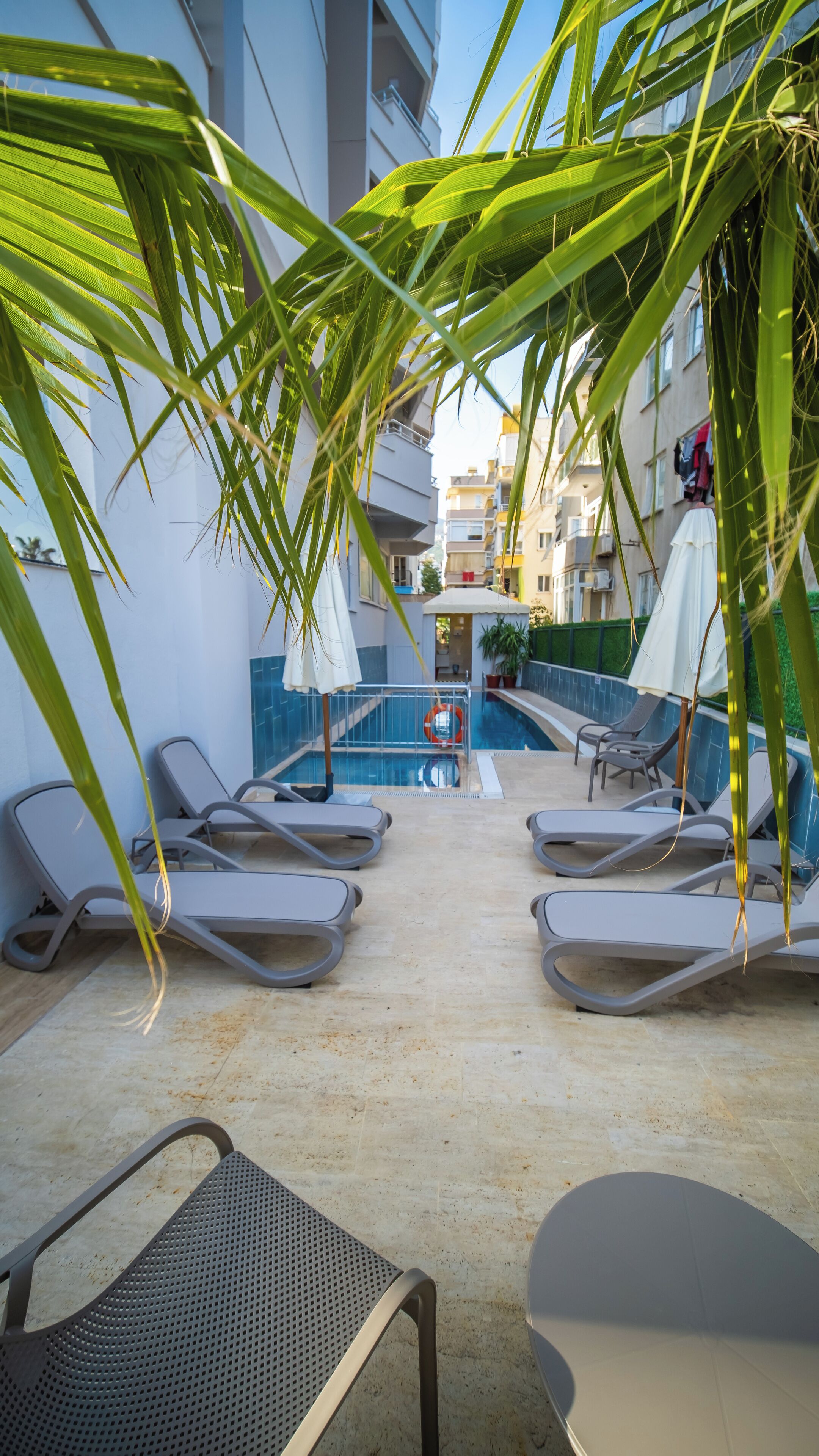 seasonal outdoor pool, pool umbrellas, pool loungers