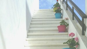 A staircase with white steps and colorful potted plants at the top.