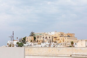 A coastal town with historic buildings, including a prominent structure with a dome and a flat roof.