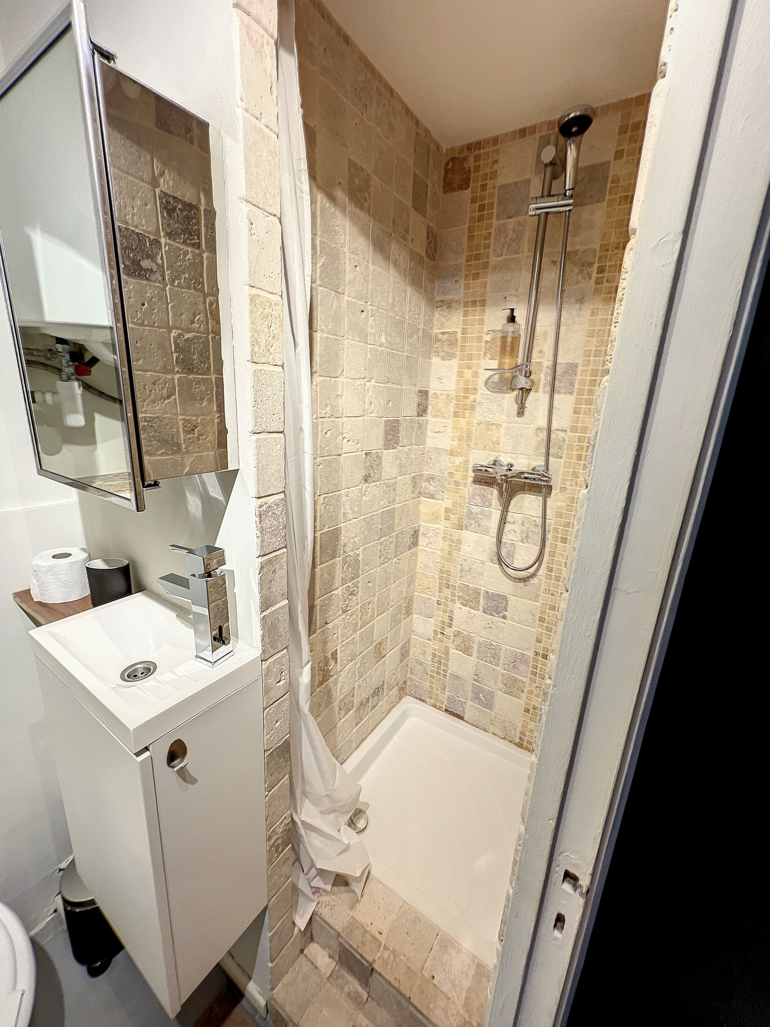 Une salle de bain équipée d’une douche, d’un lavabo, d’un miroir et de toilettes.