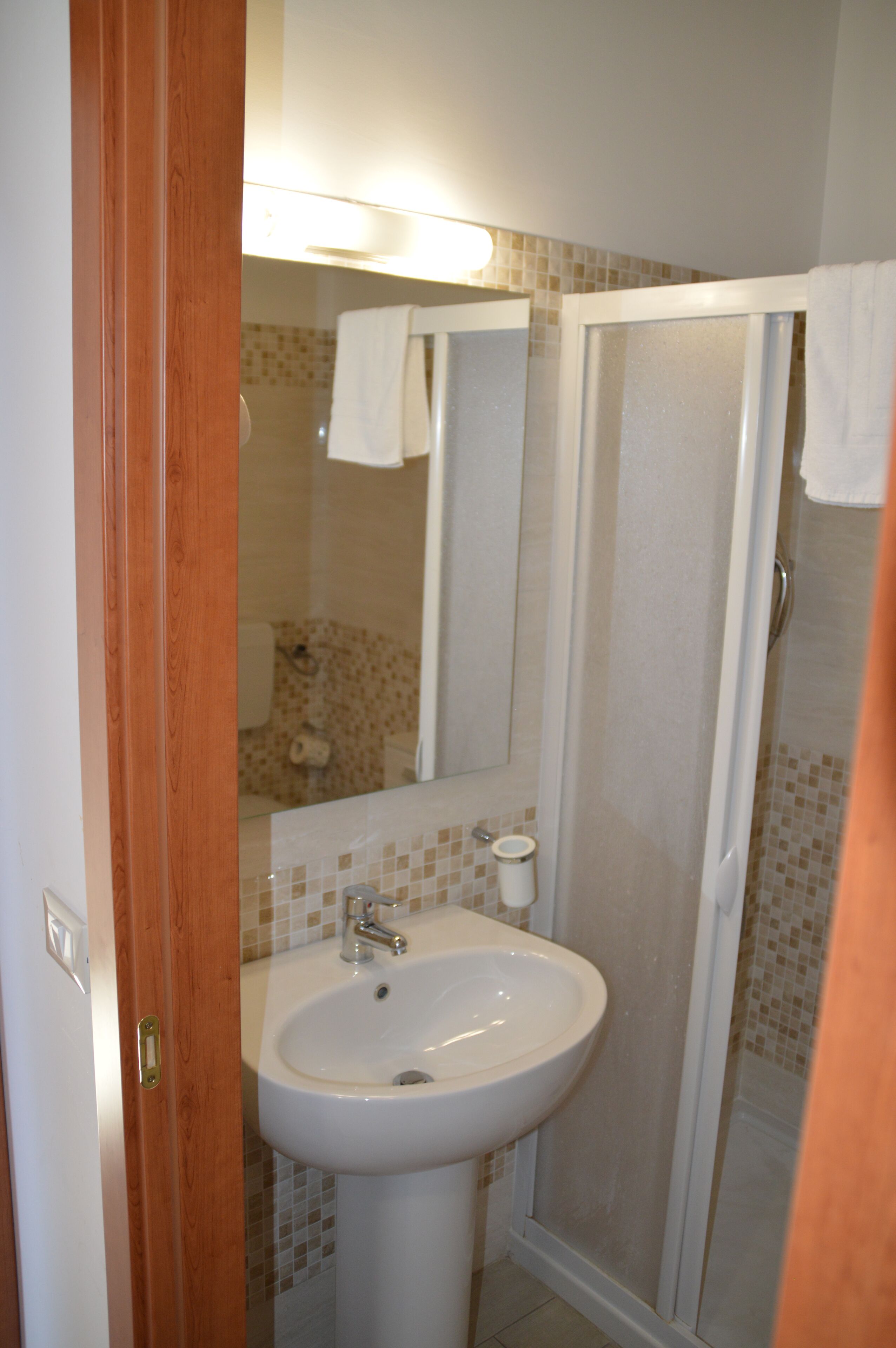 Un baño con lavabo, espejo y ducha.
