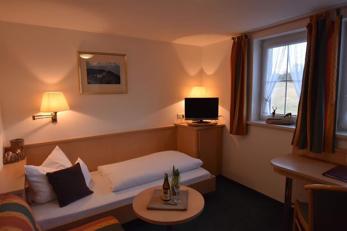 Une chambre d’hôtel avec un lit, un bureau, une télévision, une lampe et une fenêtre avec des rideaux.