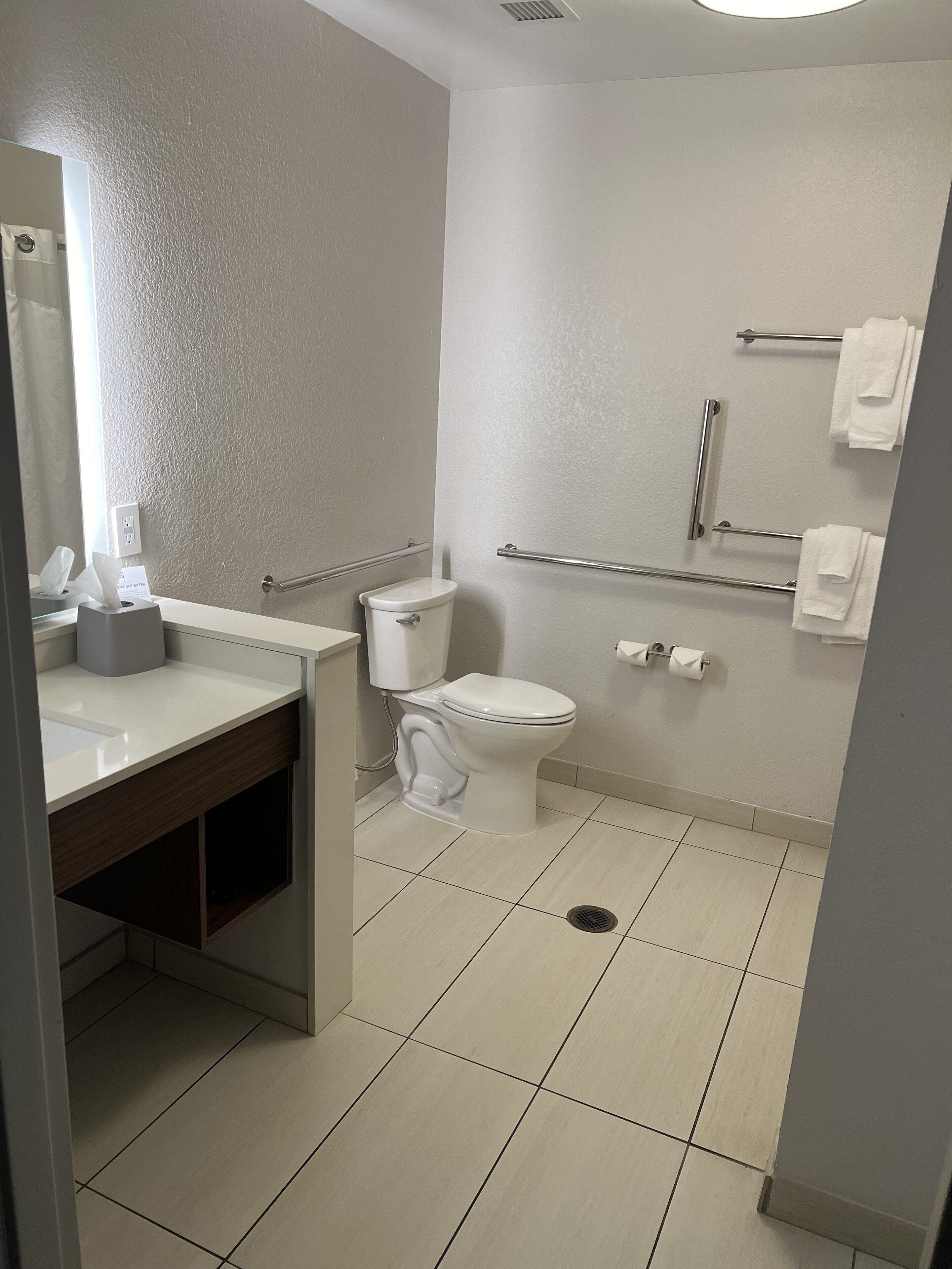 A modern bathroom with a toilet, sink, and handrails.