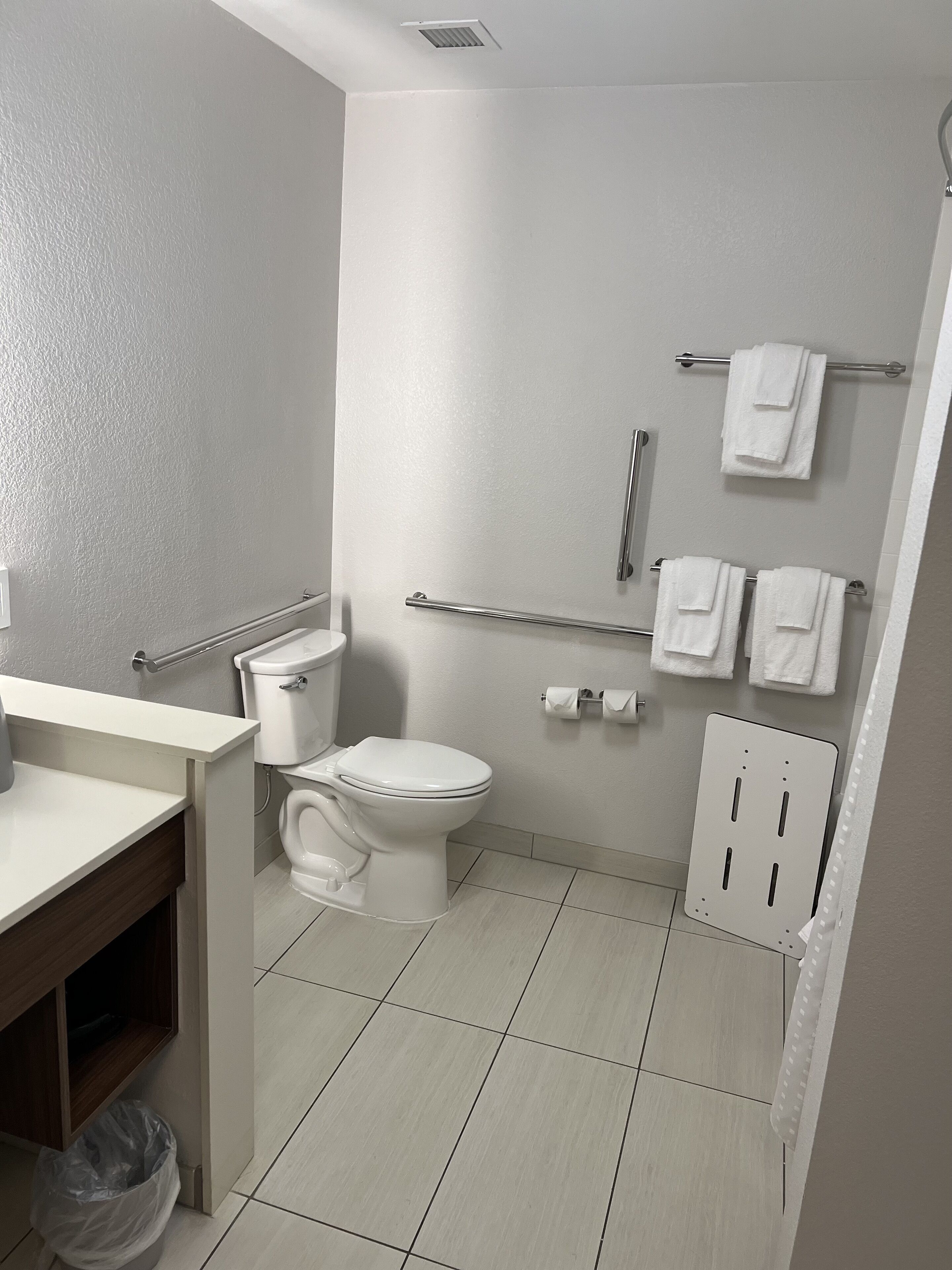 Ein modernes Badezimmer mit Toilette, Waschbecken und Handtuchhalter.