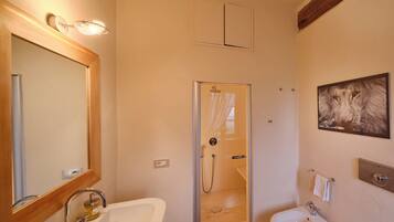 A bathroom with a shower, a sink, a toilet, a mirror, and a wall-mounted light fixture.