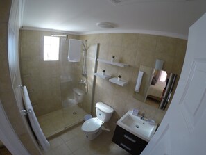 Un baño con ducha acristalada, inodoro, lavabo y espejo.