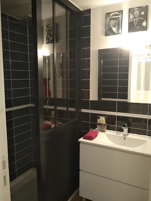A bathroom with a white sink, a mirror, and black tiles. - L'attrape coeurs (Mantilly)