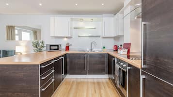 Full-size fridge, microwave, oven, dishwasher