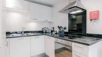 Full-size fridge, microwave, oven, dishwasher