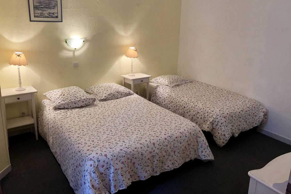Quarto com duas camas, cada uma com roupa de cama estampada com motivos florais, duas mesas de cabeceira com luminárias, uma luminária na parede e um quadro emoldurado.