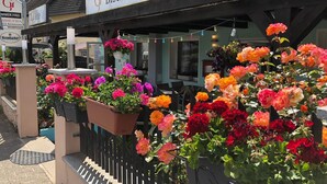Un restaurante llamado 'Gr Bistro / Bar' con terraza y cestas de flores colgantes.